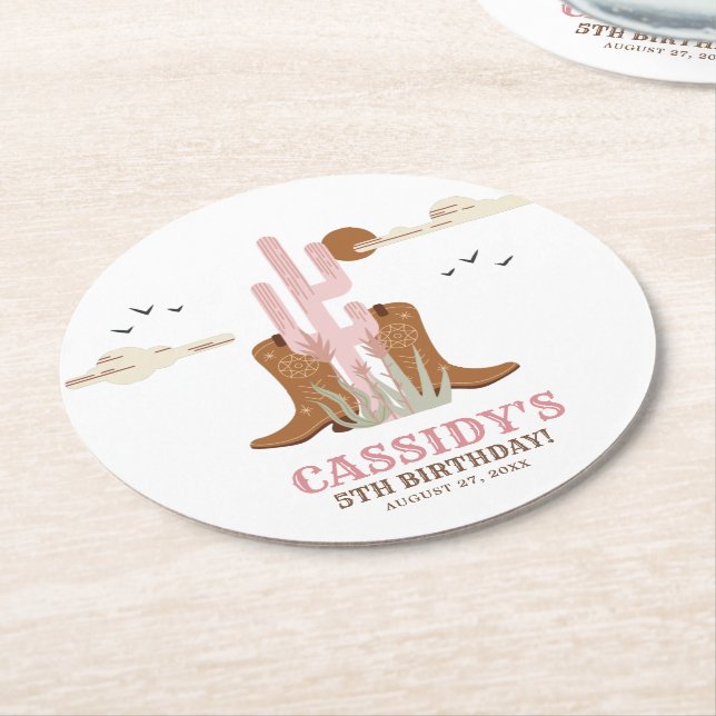 Western Country Cowgirl Birthday Rustic Round Paper Coaster (Angled)
