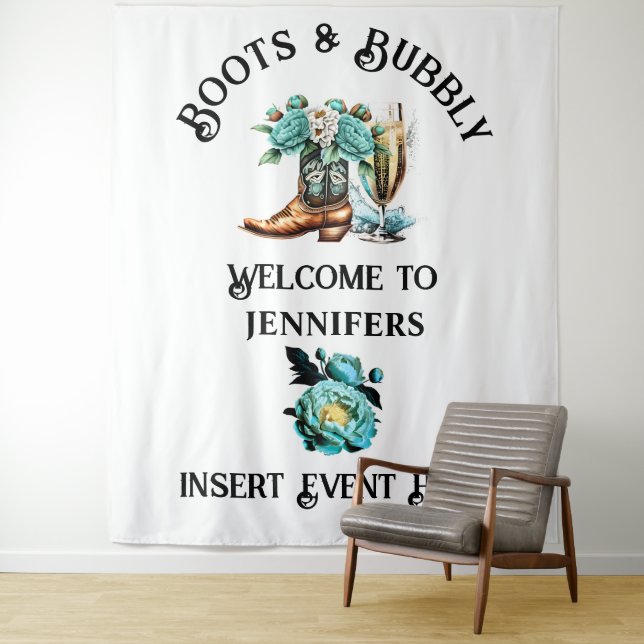 Western country cowgirl boots teal peony bubbly  tapestry (In Situ)