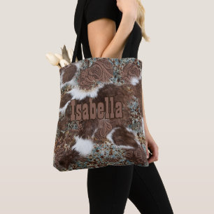 Western Country Cowgirl Cowhide Brown Leather name Tote Bag