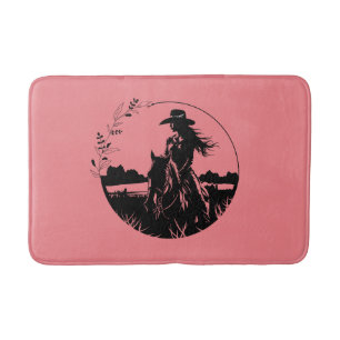Western Country Cowgirl Horse Riding on Field Bath Mat