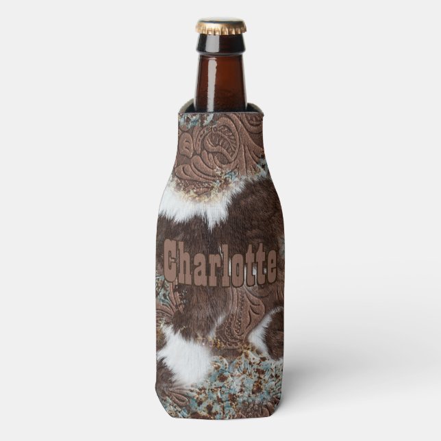 Western Country Cowhide Turquoise Brown Leather Bottle Cooler (Bottle Front)