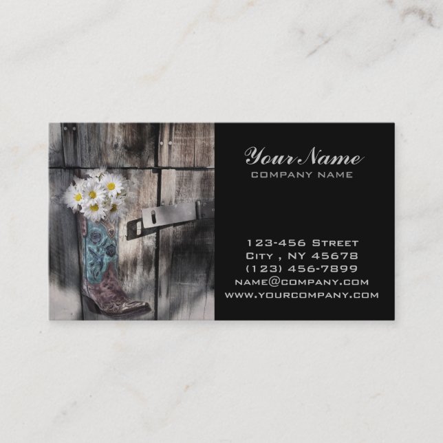Western country daisy barn wood cowboy boot business card (Front)
