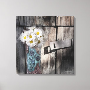 Western country daisy barn wood cowboy boot canvas print