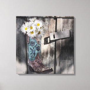 Western country daisy barn wood cowboy boot canvas print