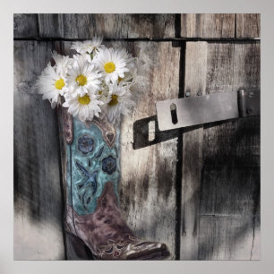 Western country daisy barn wood cowboy boot poster