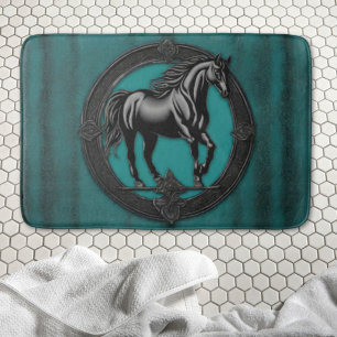 Western Country Equestrian Teal Black Horse Bath Mat