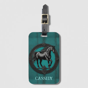 Western Country Equestrian Teal Black Horse  Luggage Tag
