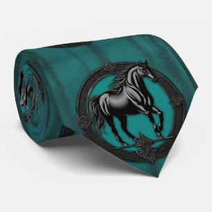 Western Country Equestrian Teal Black Horse Tie