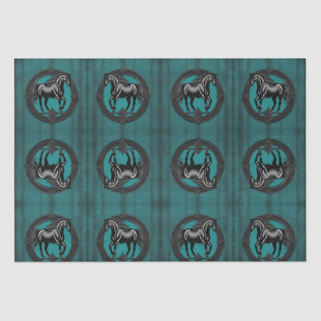 Western Country Equestrian Teal Black Horse  Tissue Paper (Front)