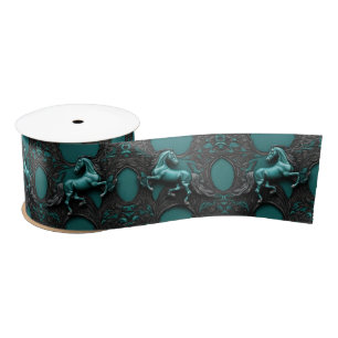 Western Country Equine Equestrian Teal Horse  Satin Ribbon