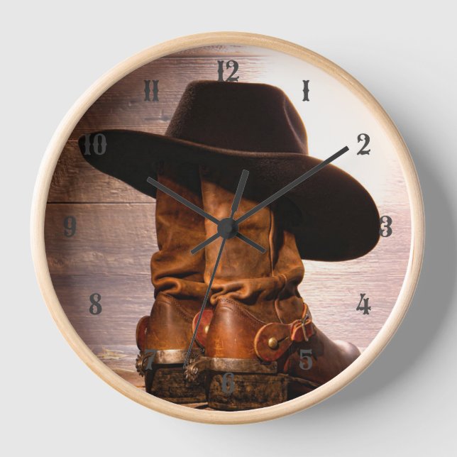 western country hat barn wood cowboy boots wall clock (Front)