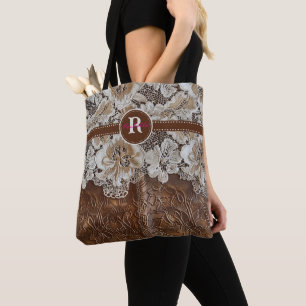 Western Country Leather n Lace Initial Name Tote Bag