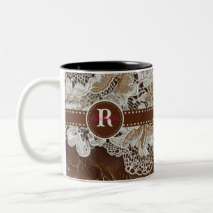 Western Country Leather n Lace Initial Name Two-Tone Coffee Mug