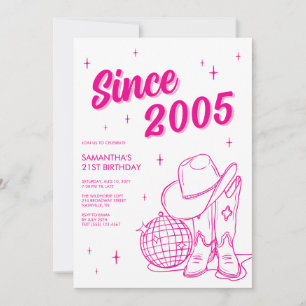 Western Country Pink Disco 21st Birthday Party Invitation