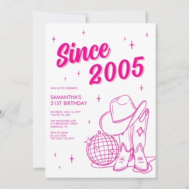 Western Country Pink Disco 21st Birthday Party Invitation (Front)