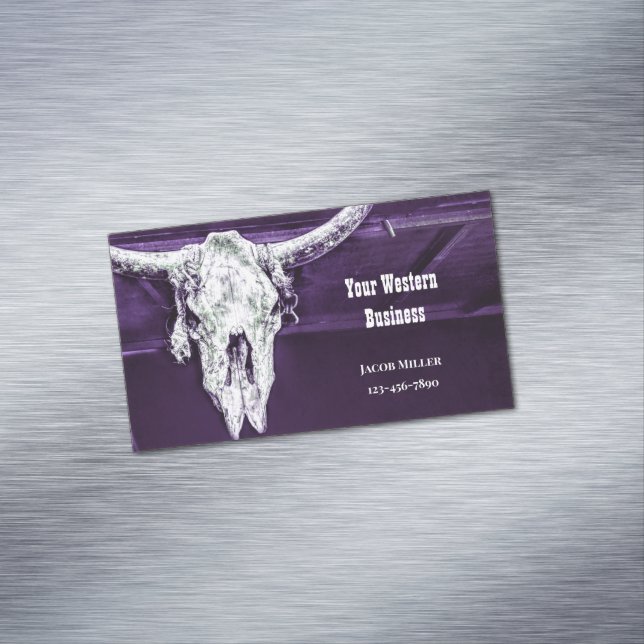Western Country Purple White Rustic Bull Cow Skull Magnetic Business Card (In Situ)
