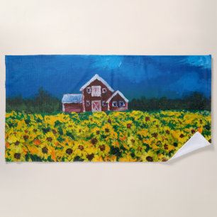 western country red barn summer sunflower field beach towel