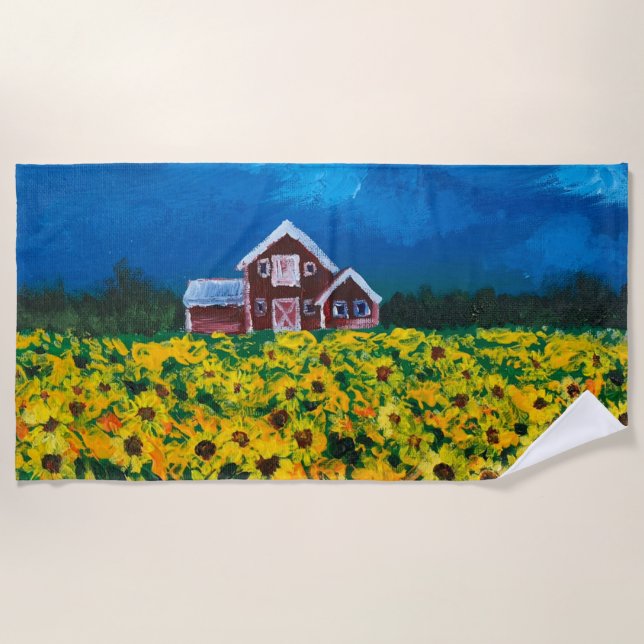 western country red barn summer sunflower field beach towel (Front)