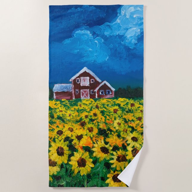 western country red barn summer sunflower field beach towel (Front)