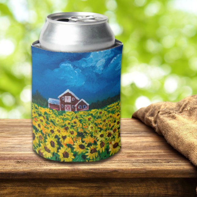western country red barn summer sunflower field can cooler (western country red barn summer sunflower field can cooler)