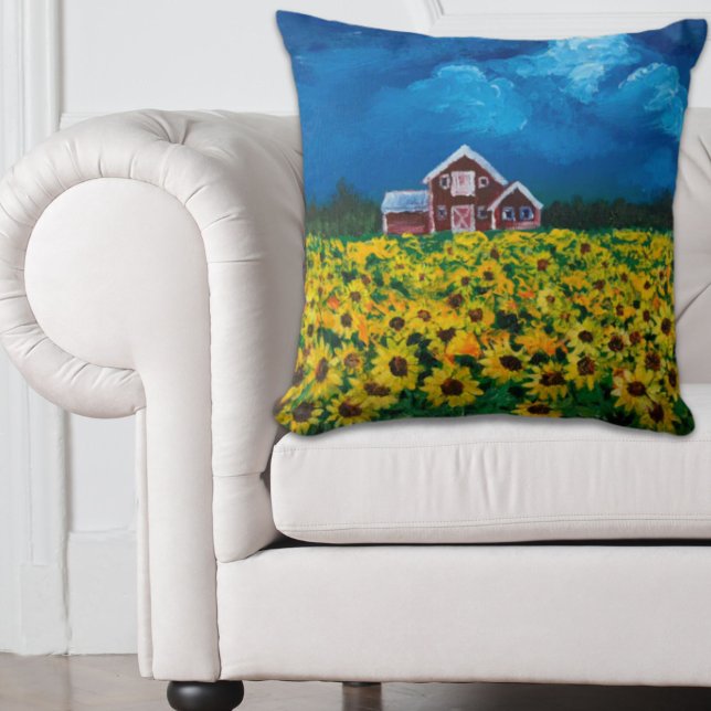 western country red barn summer sunflower field cushion (western country red barn summer sunflower field throw pillow)
