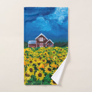 western country red barn summer sunflower field hand towel