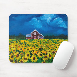 western country red barn summer sunflower field mouse mat