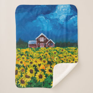 western country red barn summer sunflower field sherpa blanket