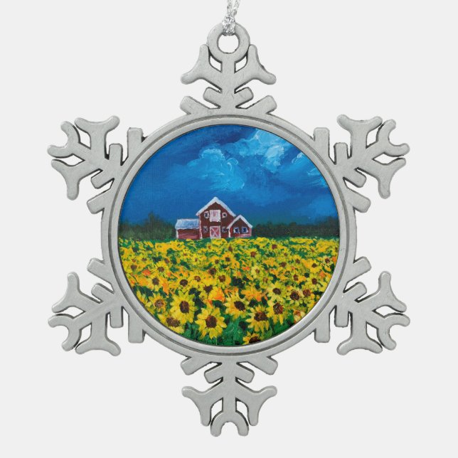 western country red barn summer sunflower field snowflake pewter christmas ornament (Front)