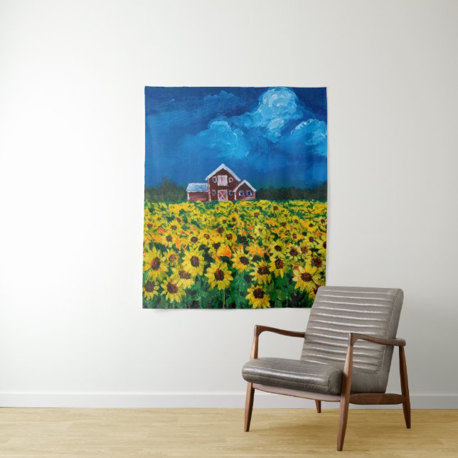 western country red barn summer sunflower field tapestry (In Situ)