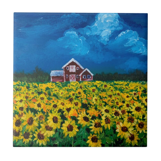 western country red barn summer sunflower field tile (Front)