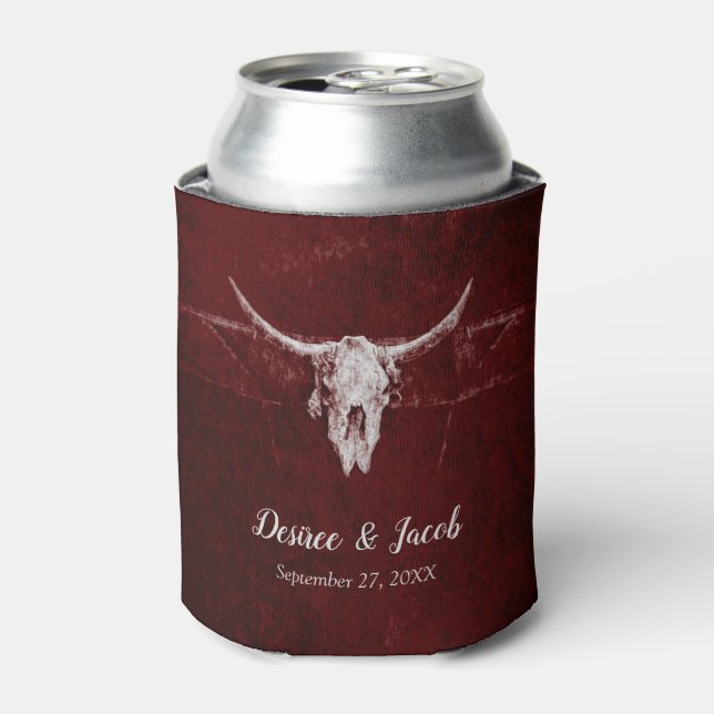 Western Country Rustic Bull Skull Burgundy Texture Can Cooler (Can Front)