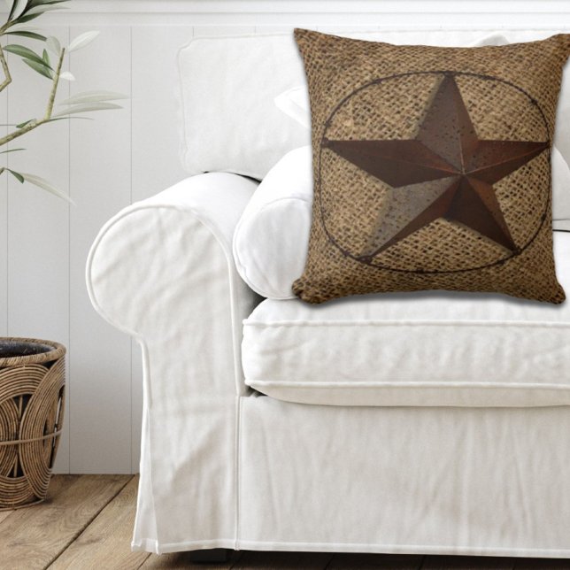Western Country Rustic Burlap Primitive Texas Star Cushion (Western Country Rustic Burlap Primitive Texas Star Throw Pillow)