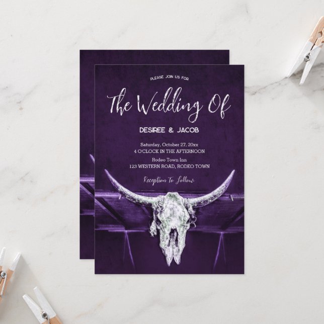 Western Country Rustic Dark Purple Bull Skull Invitation (Front/Back In Situ)