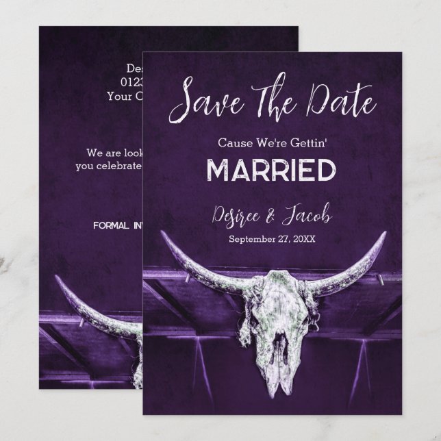 Western Country Rustic Dark Purple Bull Skull Save The Date (Front/Back)