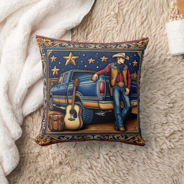 Western Country Singer Guitar and Truck Blue Cushion (Blanket)