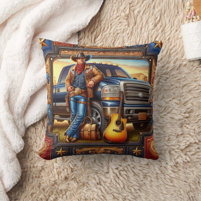 Western Country Singer Guitar Truck Leather Print Cushion (Blanket)