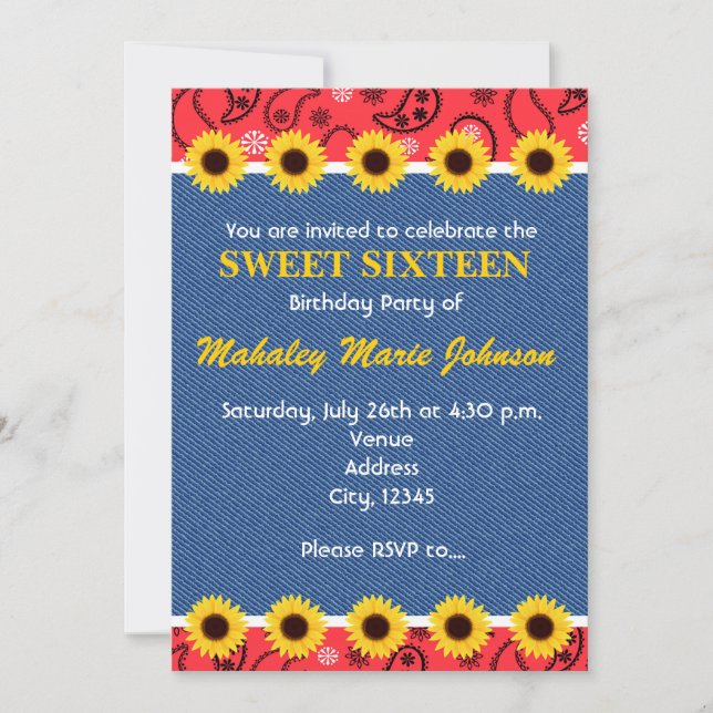 Western Country Sunflowers Denim Bandanna Party Invitation (Front)