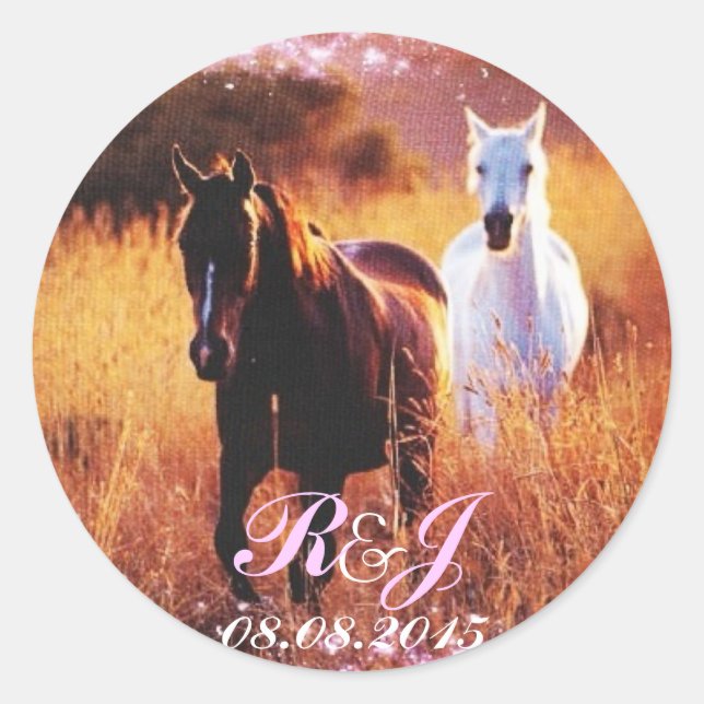 western country sunset horse themed wedding classic round sticker (Front)