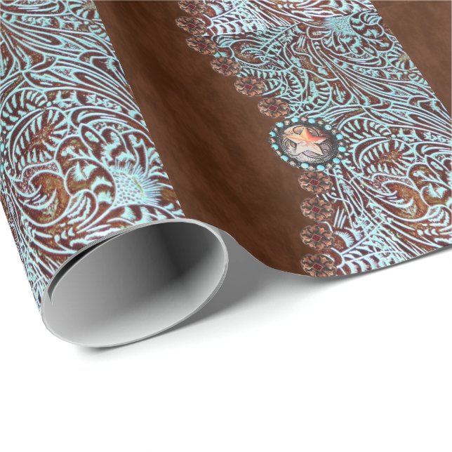western country turquoise brown tooled leather wrapping paper (Roll Corner)