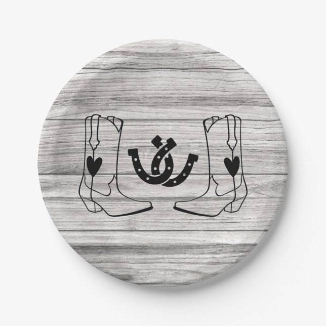 Western Country Wedding Rustic Cowboy Wood Paper Plate (Front)
