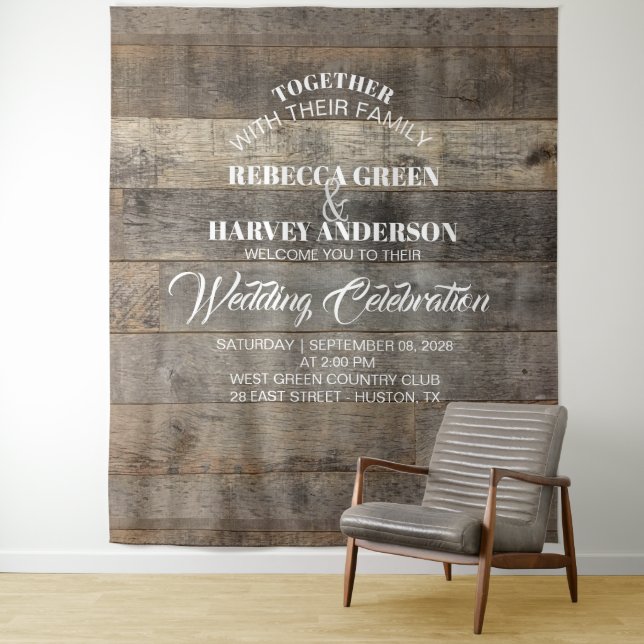 western country woodgrain barn wedding backdrop tapestry (In Situ)