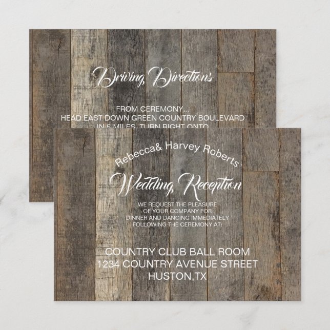 western country woodgrain barn wedding reception invitation (Front/Back)