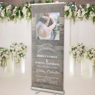 western country woodgrain barn wedding reception retractable banner