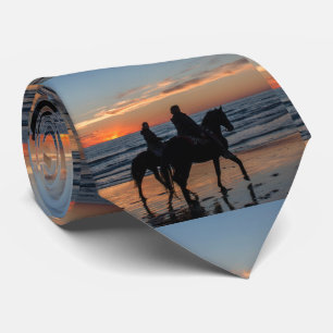 Western Couple Horseback Riding Beach Sunset Tie