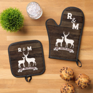 Western Coutry Deer Anniversary Est Mr and Mrs Oven Mitt & Pot Holder Set