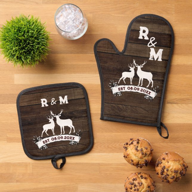 Western Coutry Deer Anniversary Est Mr and Mrs Oven Mitt & Pot Holder Set (Top Down)