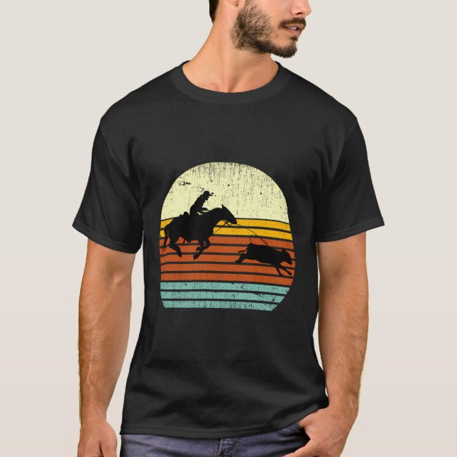 Western Cow Horse Calf Roping Retro Sun Style T-Shirt (Front)