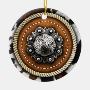 Western Cow Print Rope and Rustic Leather Concho Ceramic Tree Decoration
