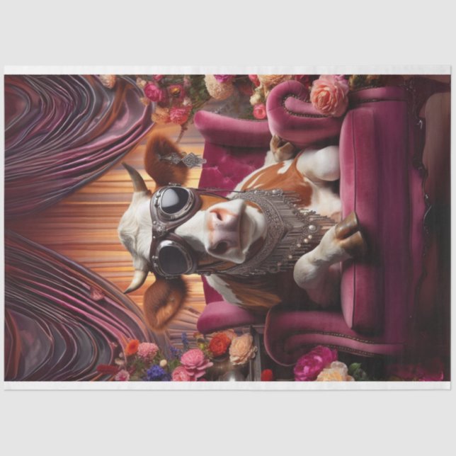 Western Cow Sitting Pink Chair Decoupage Tissue Paper (Front)